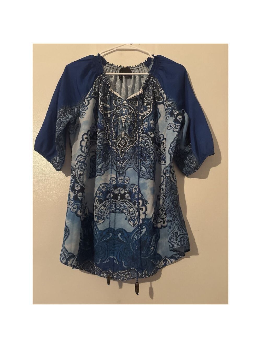 Blue Paisley Boho Peasant Blouse Rhinestone Embellished Tassel Tie 3/4 Sleeve